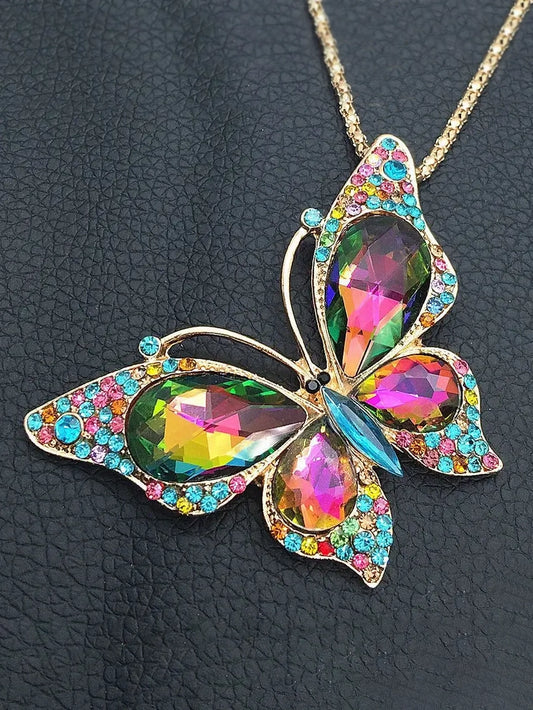 Sparkly Multicoloured Rhinestone Butterfly Pendant Long Necklace