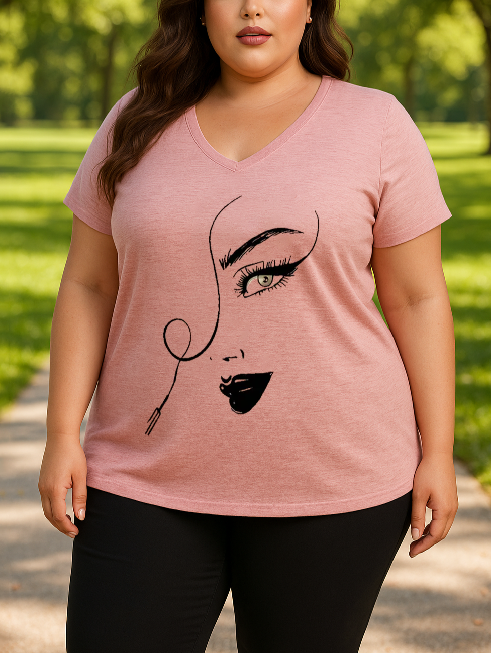 plus size Woman wearing a pink t-shirt with a face design in a park