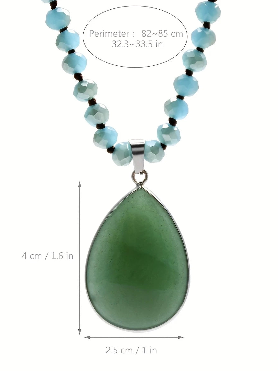 Handmade Beaded Long Pendant Necklace With Natural Stone