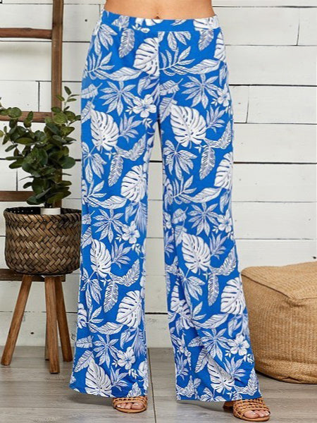 Casey Wide Leg Plus Size Pants in Blue Tropics Print