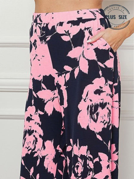 Casey Wide Leg Plus Size Pants in Navy Coral Contrast
