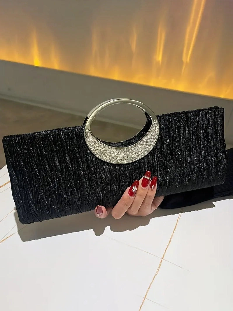 Ruched Satin Evening Clutch in Black