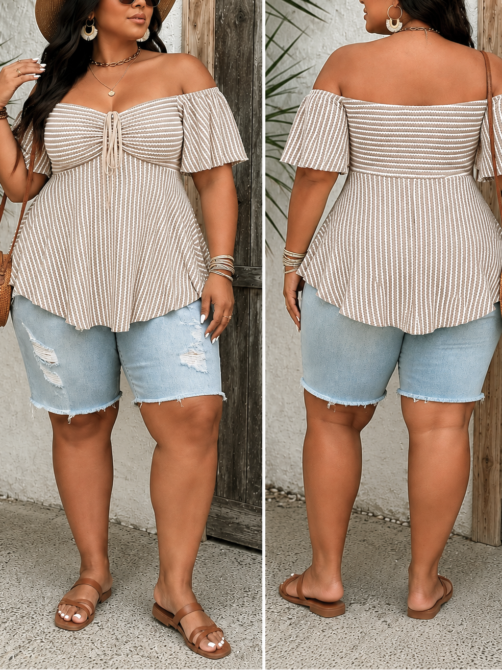 Nautical Off Shoulder Plus Size Top in Mocha
