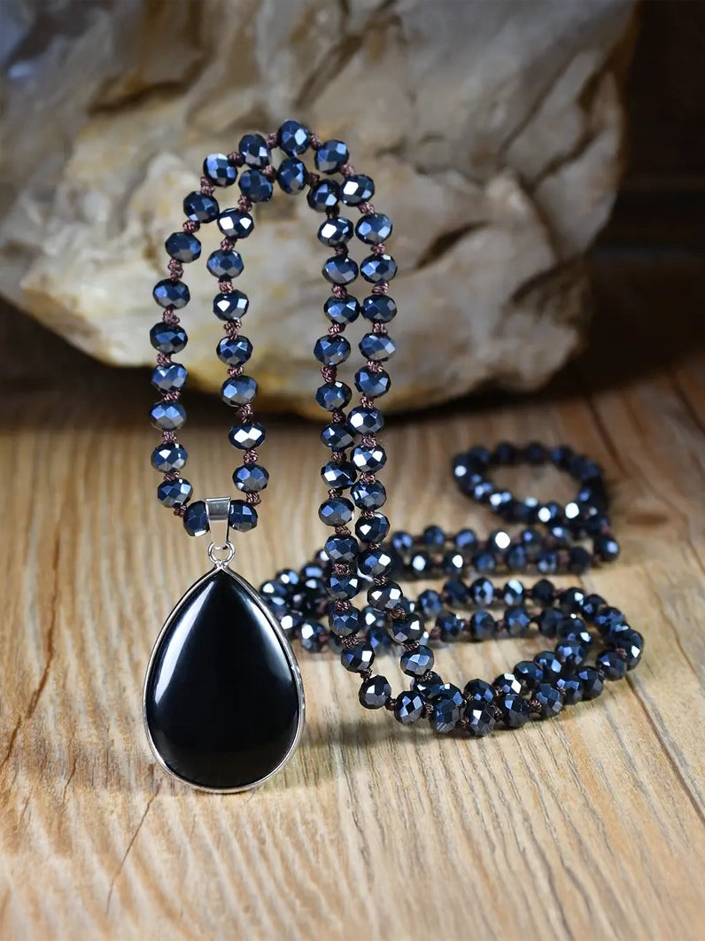 Handmade Beaded Long Pendant Necklace With Natural Stone
