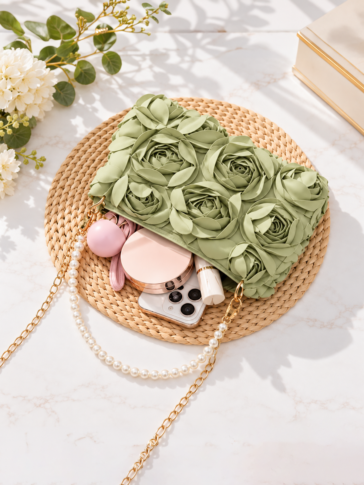 Rosette Pearl Evening Bag in Sage Green