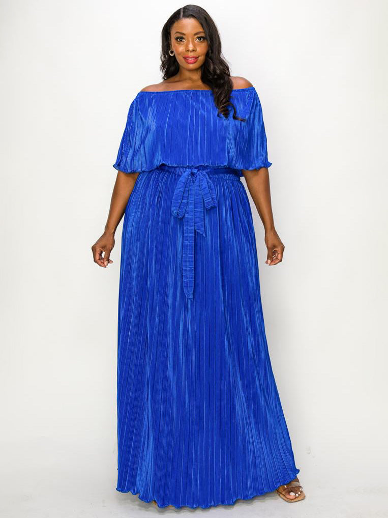 Cynthia Plus Size Pleated Maxi Gown in Royal Blue