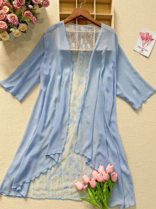 Hannah Plus Size Embroidery Kimono in Baby Blue