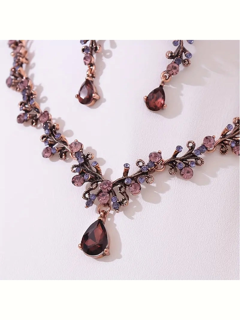 Antique Vintage Necklace Set in Burgundy, necklace, styled view