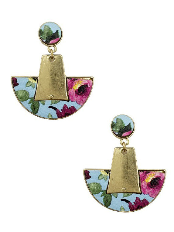 Metal Link Floral Print Drop Earrings