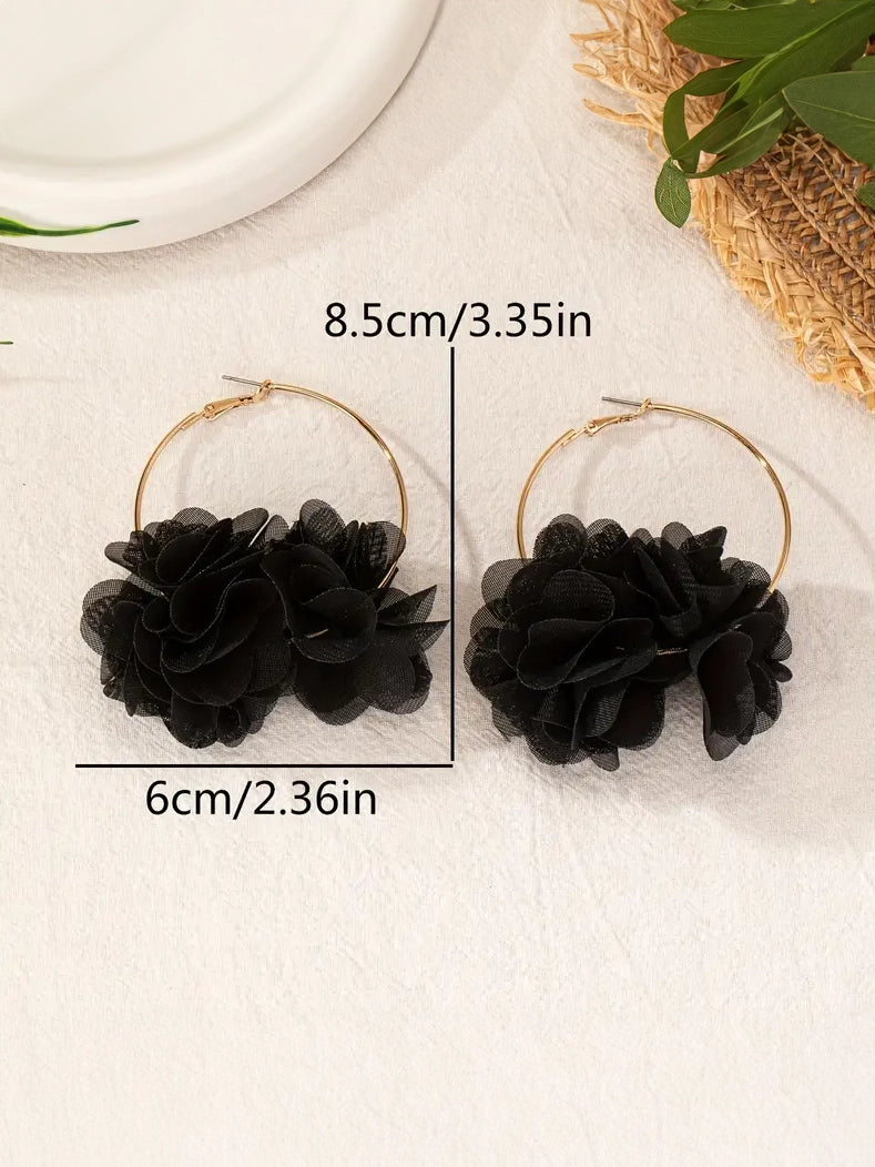 Black Flower Hoop Earrings, earrings, styled view