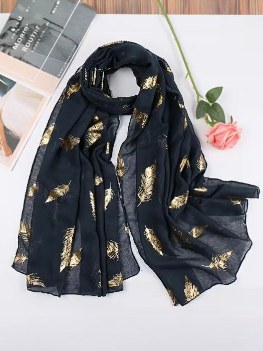 Golden Feather Motif Scarf in Deep Navy, scarf, front view