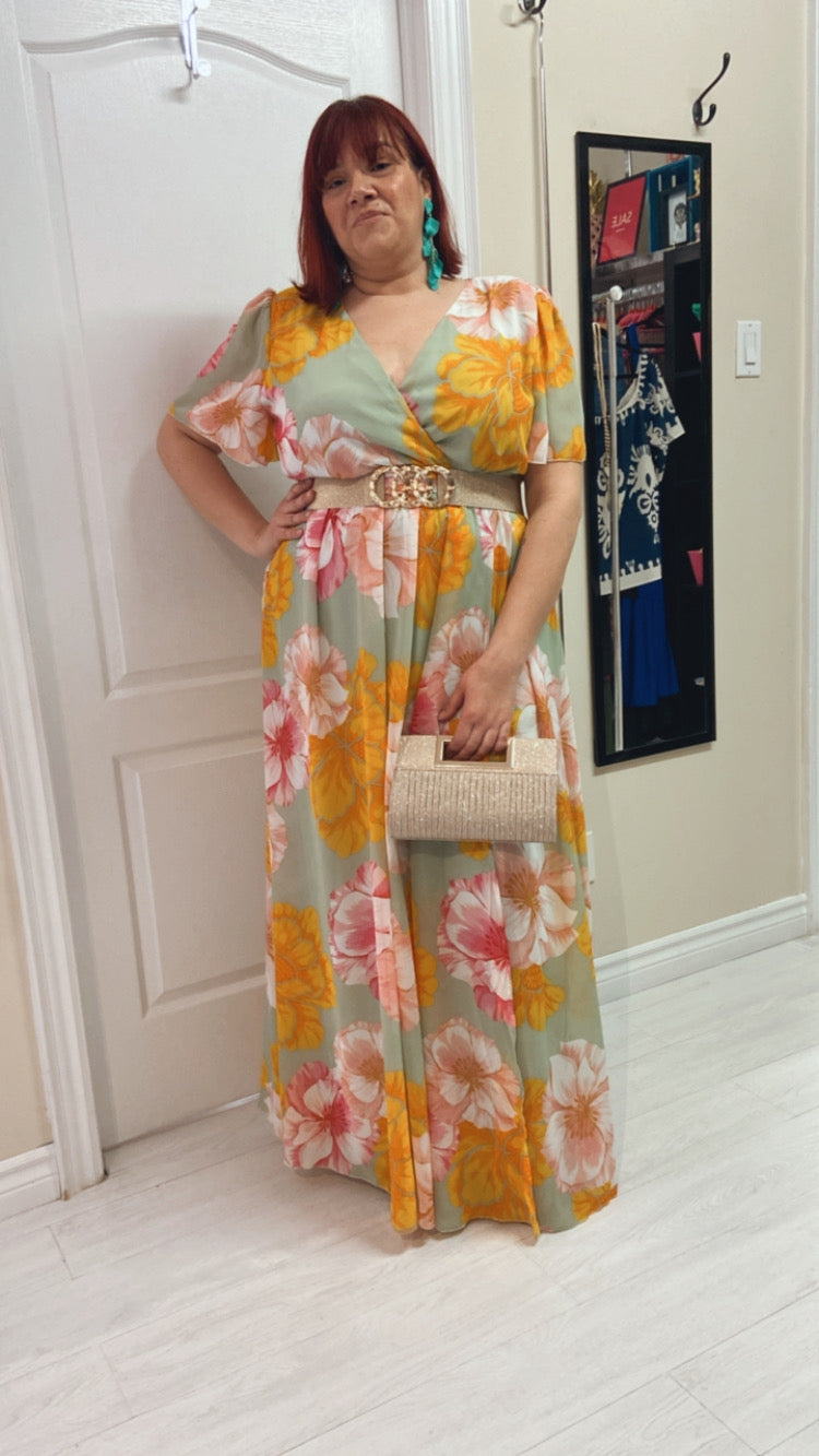 Liza Plus Size Chiffon Gown in Golden Floral