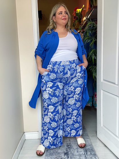 Casey Wide Leg Plus Size Pants in Blue Tropics Print