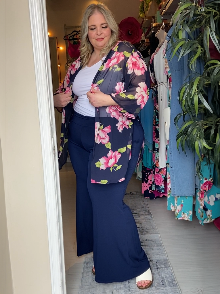 Filomena Plus Size Chiffon Kimono in Navy Floral