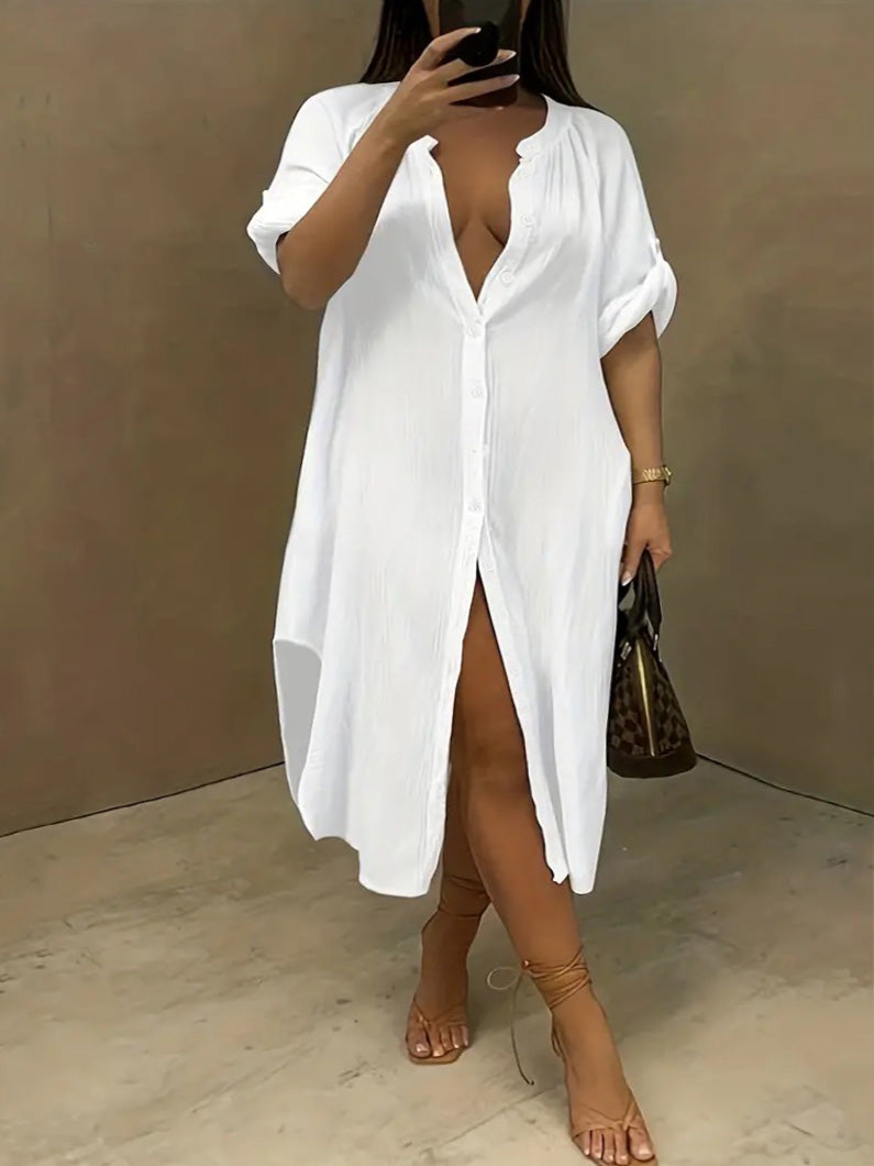 Loni Plus Size Shirt Dress in White