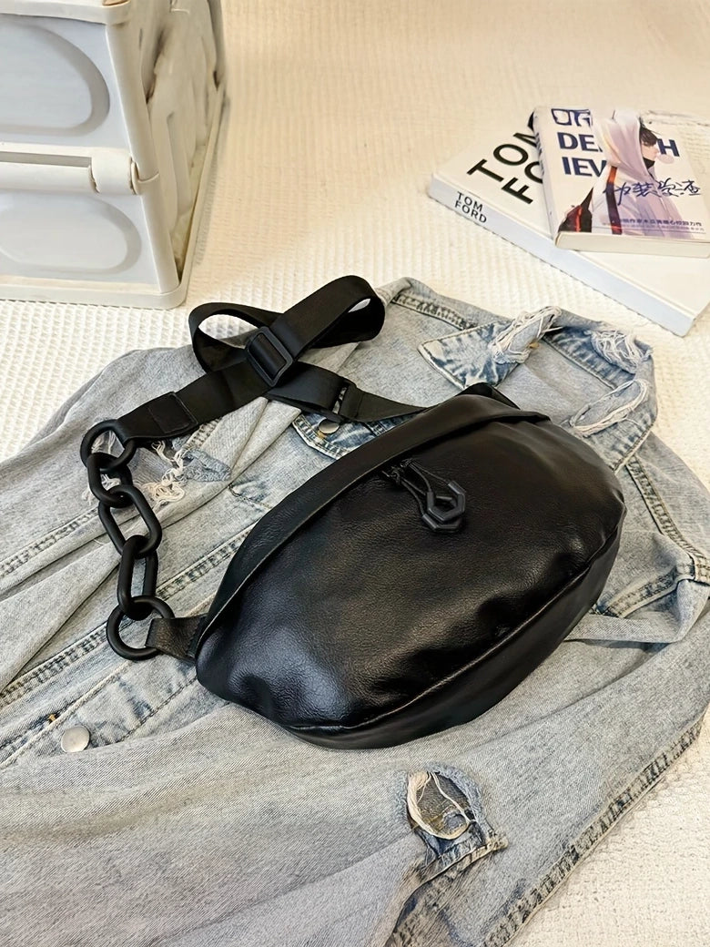 Minimalist Faux Leather Fanny Pack in Black, bag, detail view
