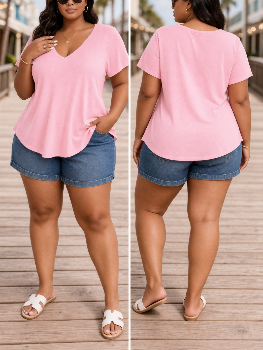 Woman wearing a pink top and denim shorts on a wooden deck with palm trees in the background.