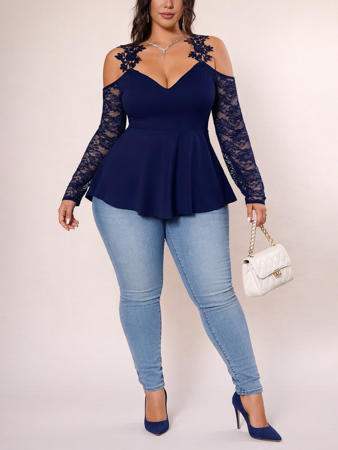 Scarlet Peplum Plus Size Top in Royal Blue, plus size top, detail view
