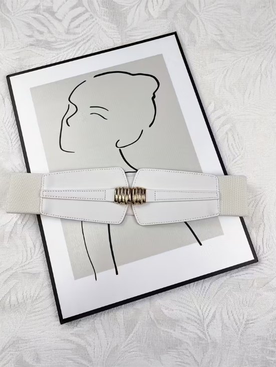 Wide Elastic Plus Size Belt with Metal Clasp in White