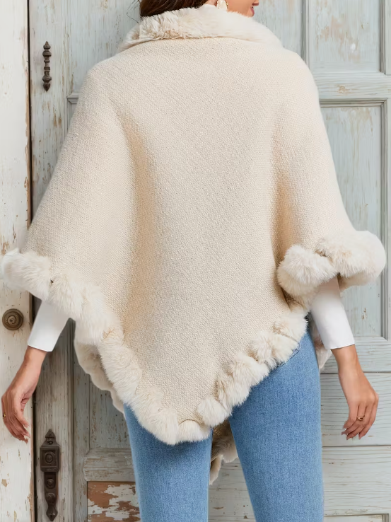 Cozy Knitted Poncho With Faux Fur Trim