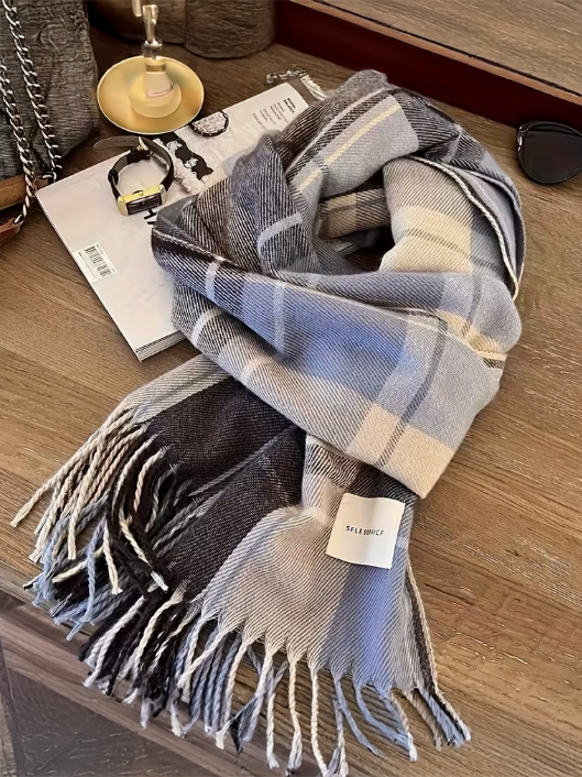 Vintage Plaid Scarf With Tassels in Blue-Grey