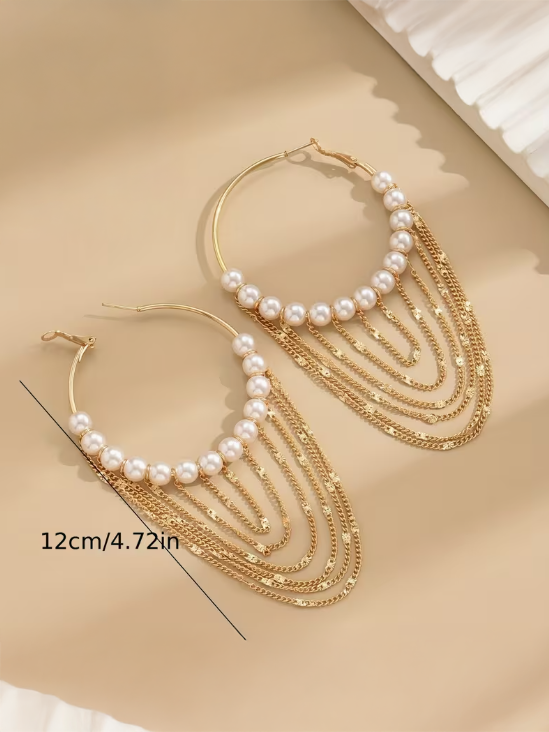 Pearl & Chain Fringe Hoop Earrings