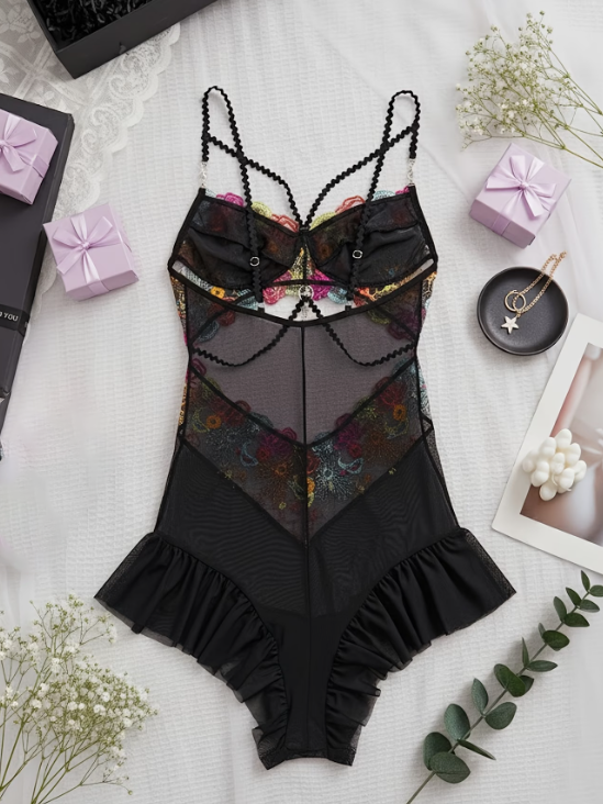 Embroidered Mesh One-Piece Plus Size Lingerie Romper
