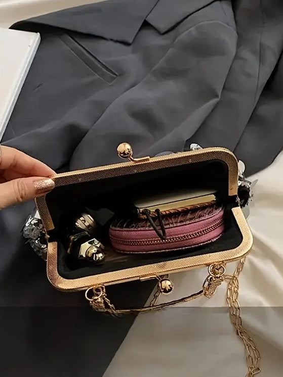 Sequin Evening Clutch In Copper, clutch, detail view