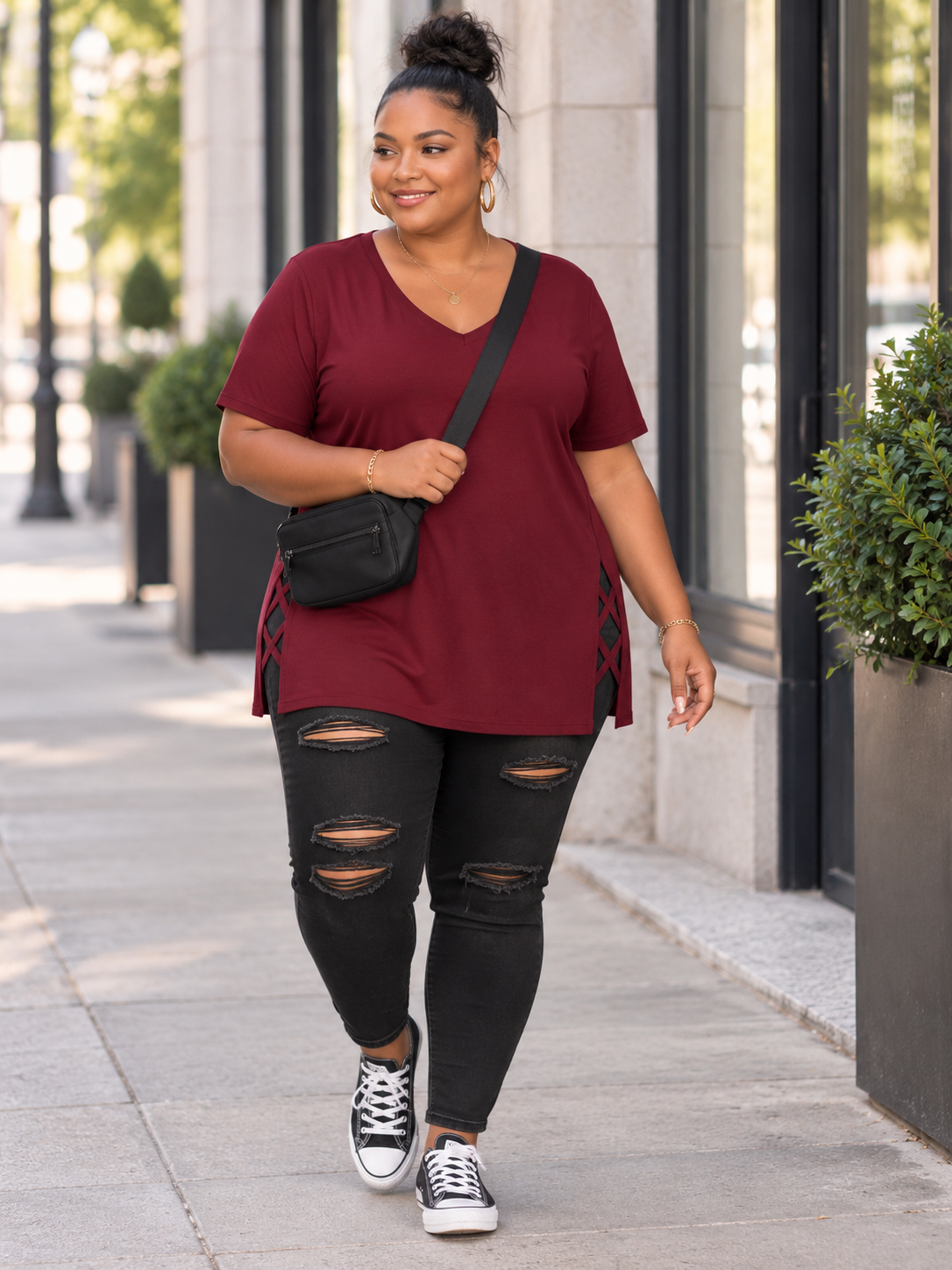 Stef Long Plus Size T-shirt with Lattice in Cranberry