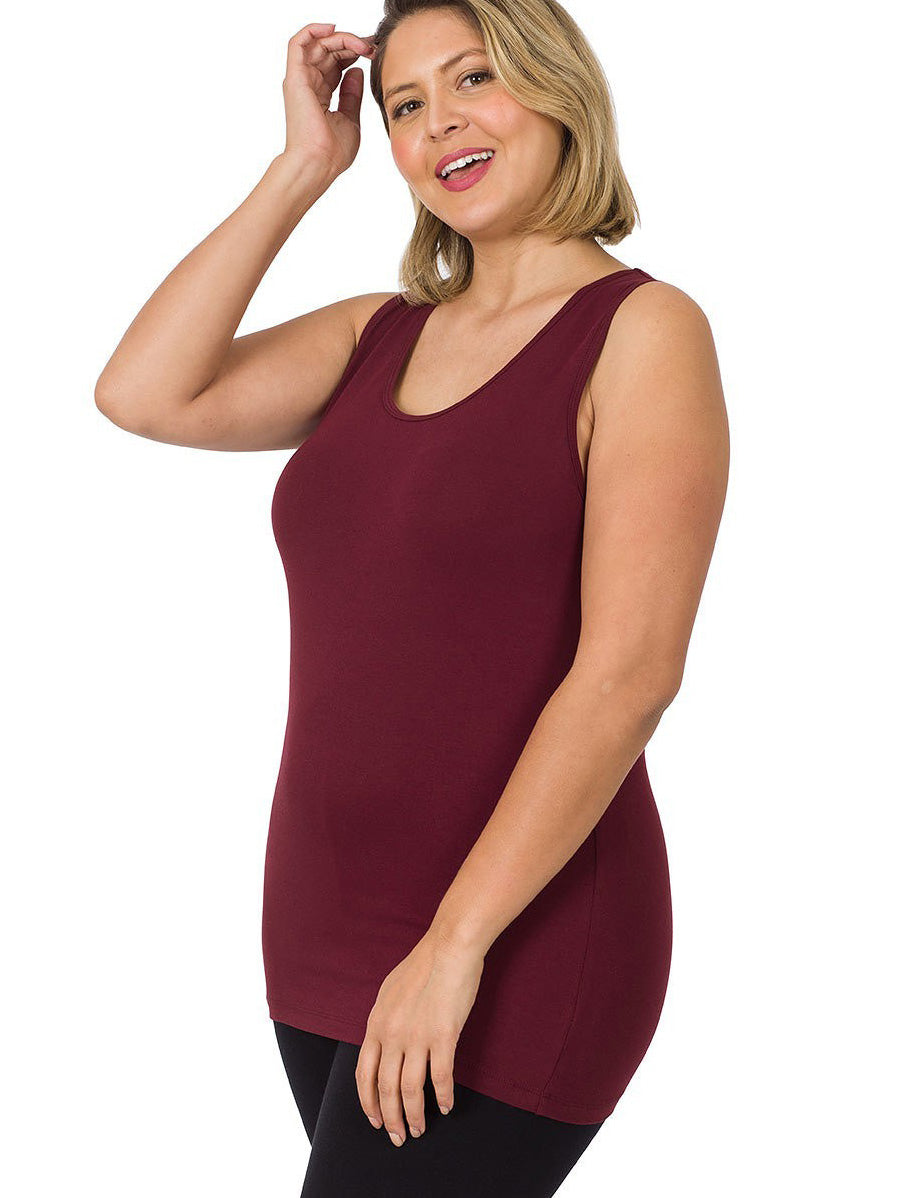 Tanya Long Fitted Plus-Size Tank Top in Burgundy, plus size tank top, front view