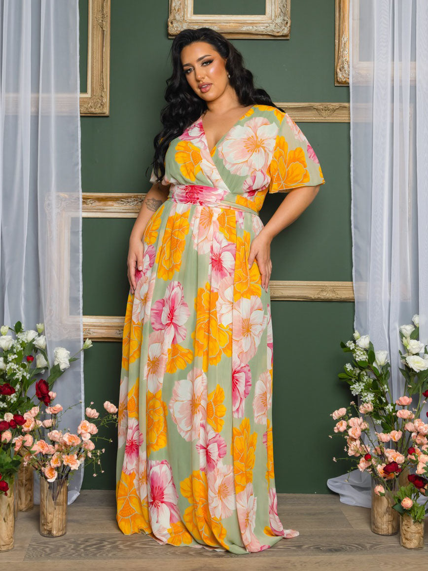 Liza Plus Size Chiffon Gown in Golden Floral