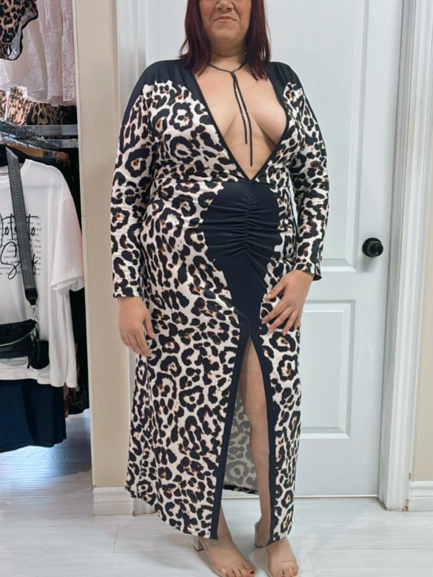 Aella Deep V Leopard Plus Size Dress