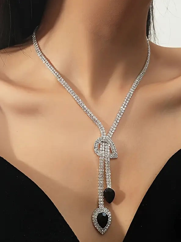 Rhinestone Necklace and Earring Set with Black Stone