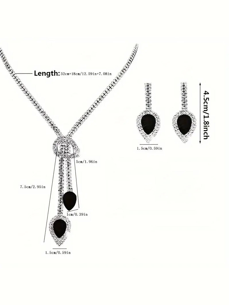 Rhinestone Necklace and Earring Set with Black Stone