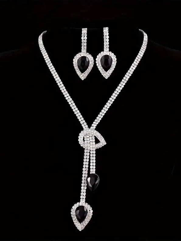 Rhinestone Necklace and Earring Set with Black Stone