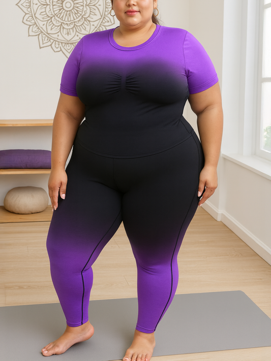 Person wearing a purple and black gradient outfit in a yoga studio.
