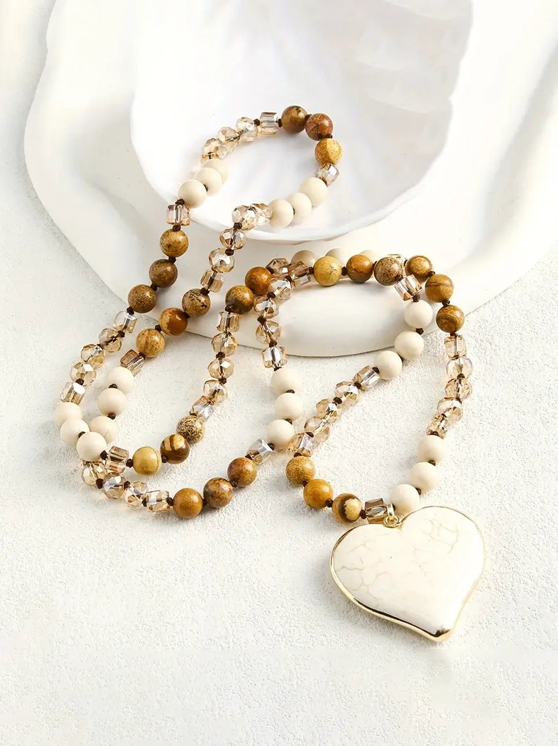 Boho Beaded Heart Stone Necklace