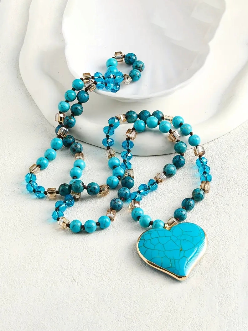 Boho Beaded Heart Stone Necklace in Teal