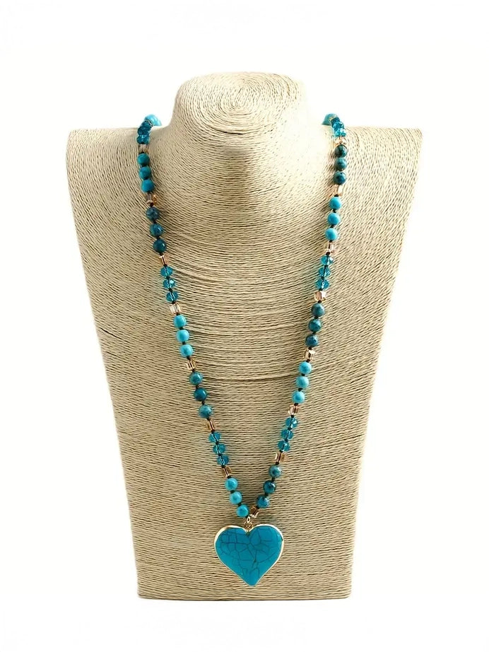 Boho Beaded Heart Stone Necklace in Teal