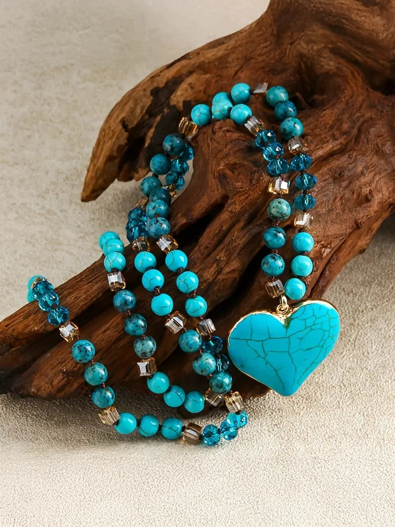 Boho Beaded Heart Stone Necklace in Teal