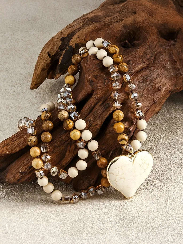 Boho Beaded Heart Stone Necklace