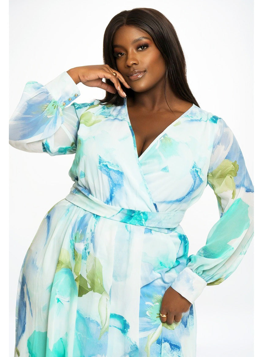 Abigail Plus Size Chiffon Maxi Dress in Aqua Floral