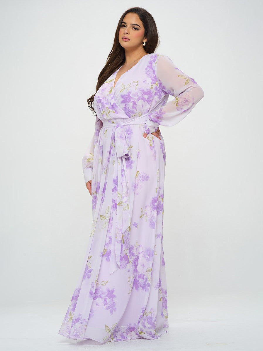 Abigail Plus Size Chiffon Maxi Dress in Lilac Floral