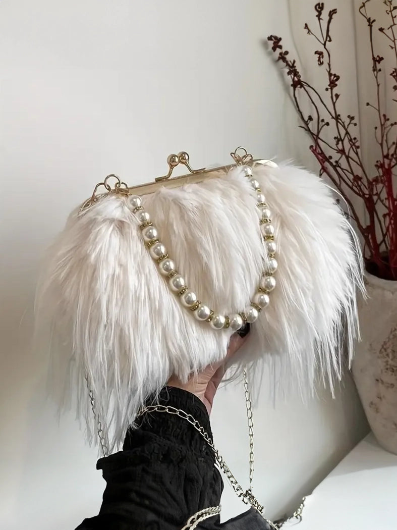 Faux Fur Long Hair Evening Clutch in Ivory