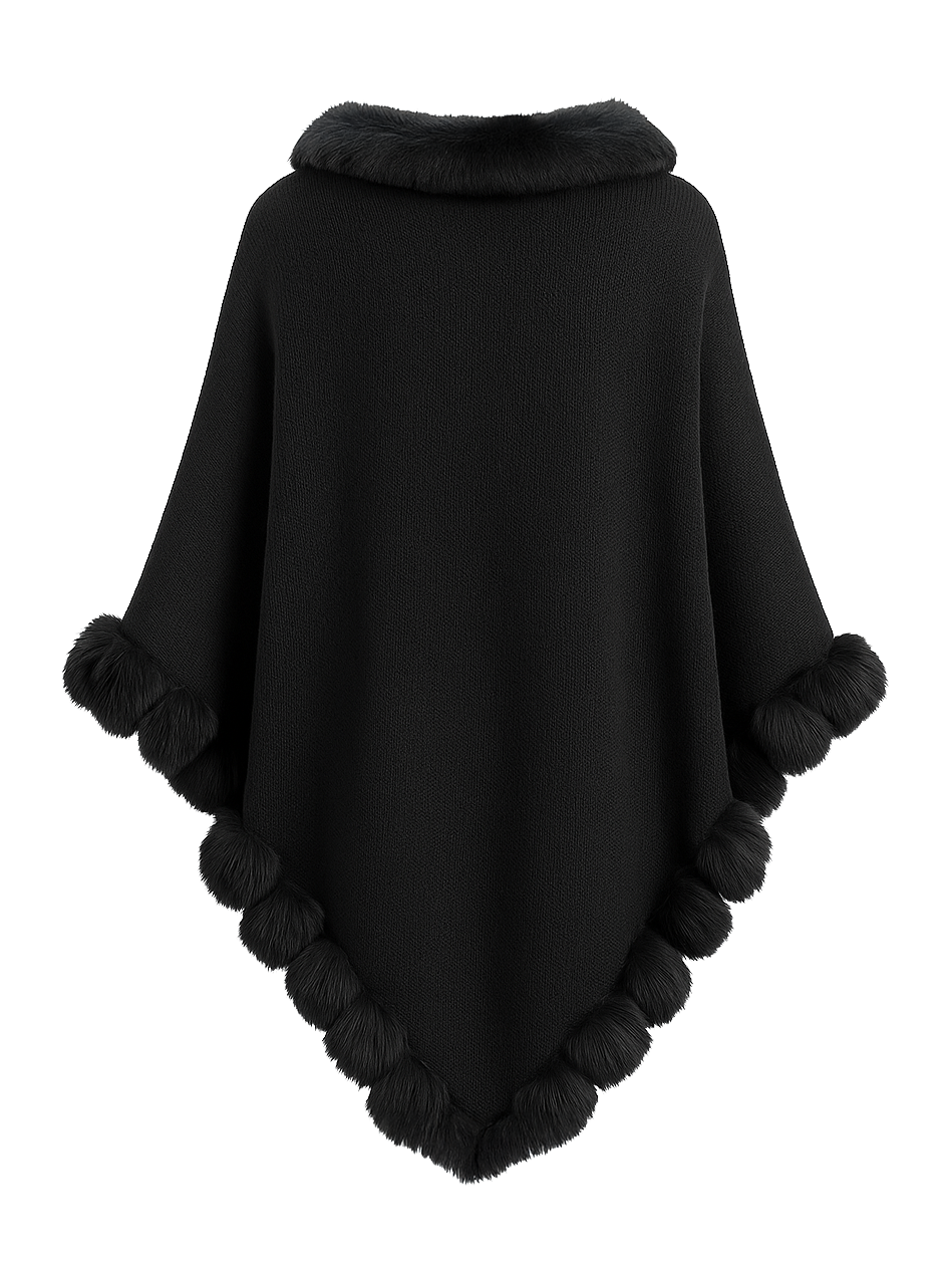 Cozy Knitted Poncho With Faux Fur Trim