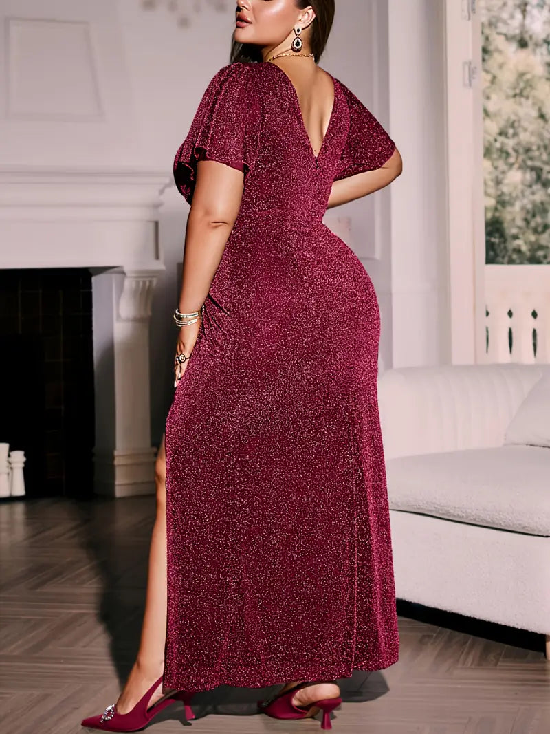 Jessica Sparkle Plus Size Cocktail Dress in Wine
