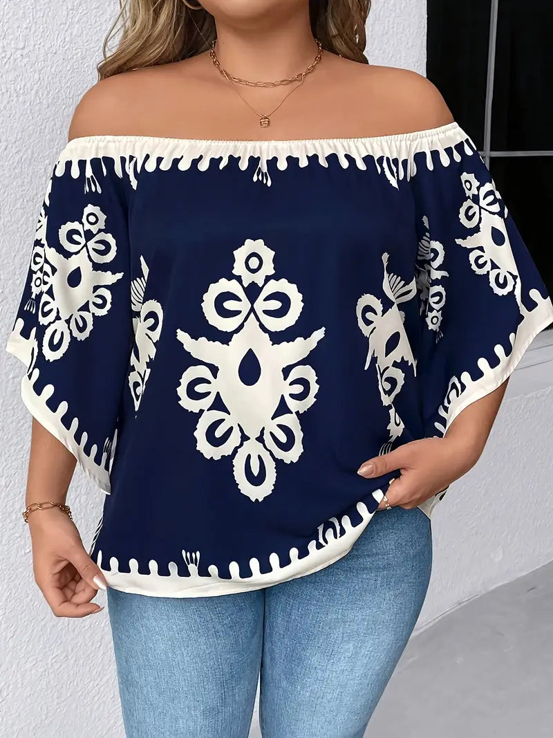 Katrina Off Shoulder Plus Size Printed Top