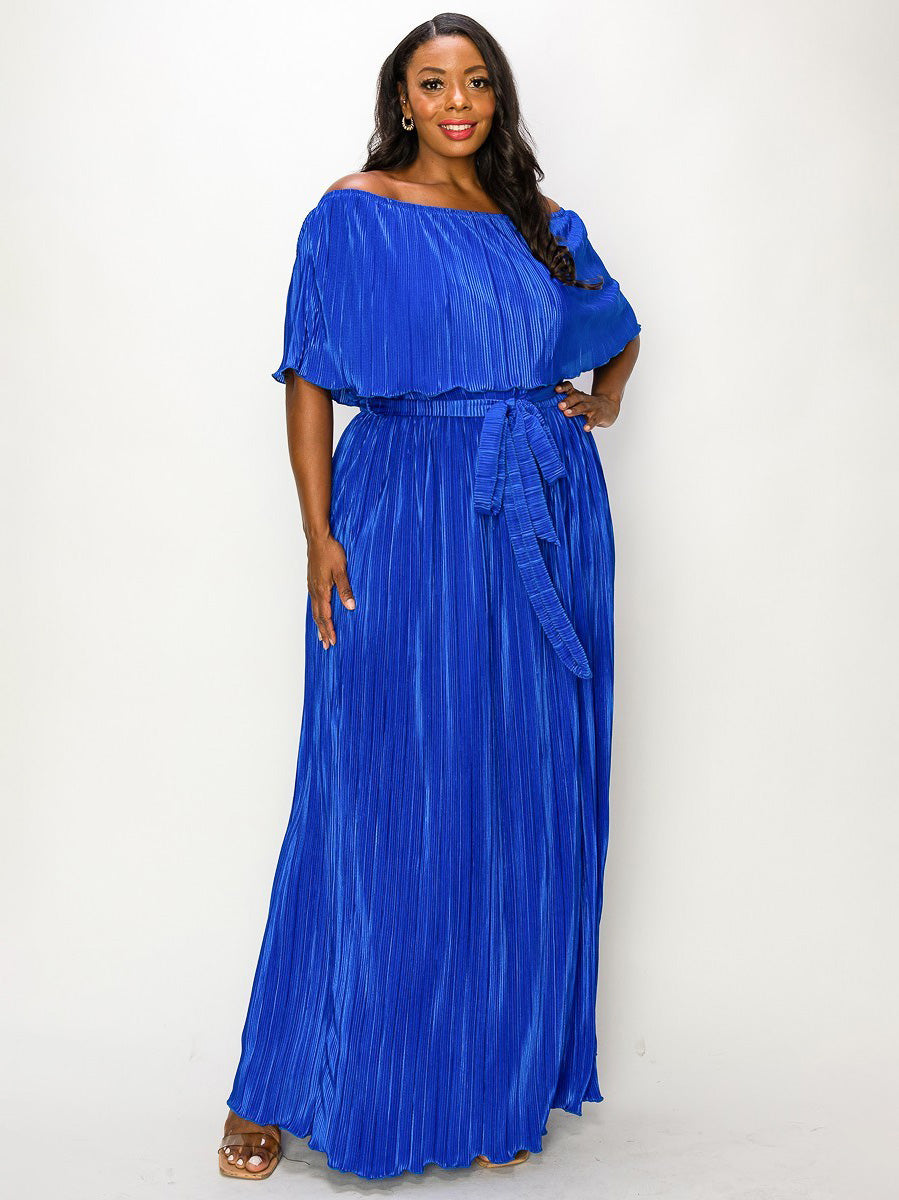 Cynthia Plus Size Pleated Maxi Gown in Royal Blue