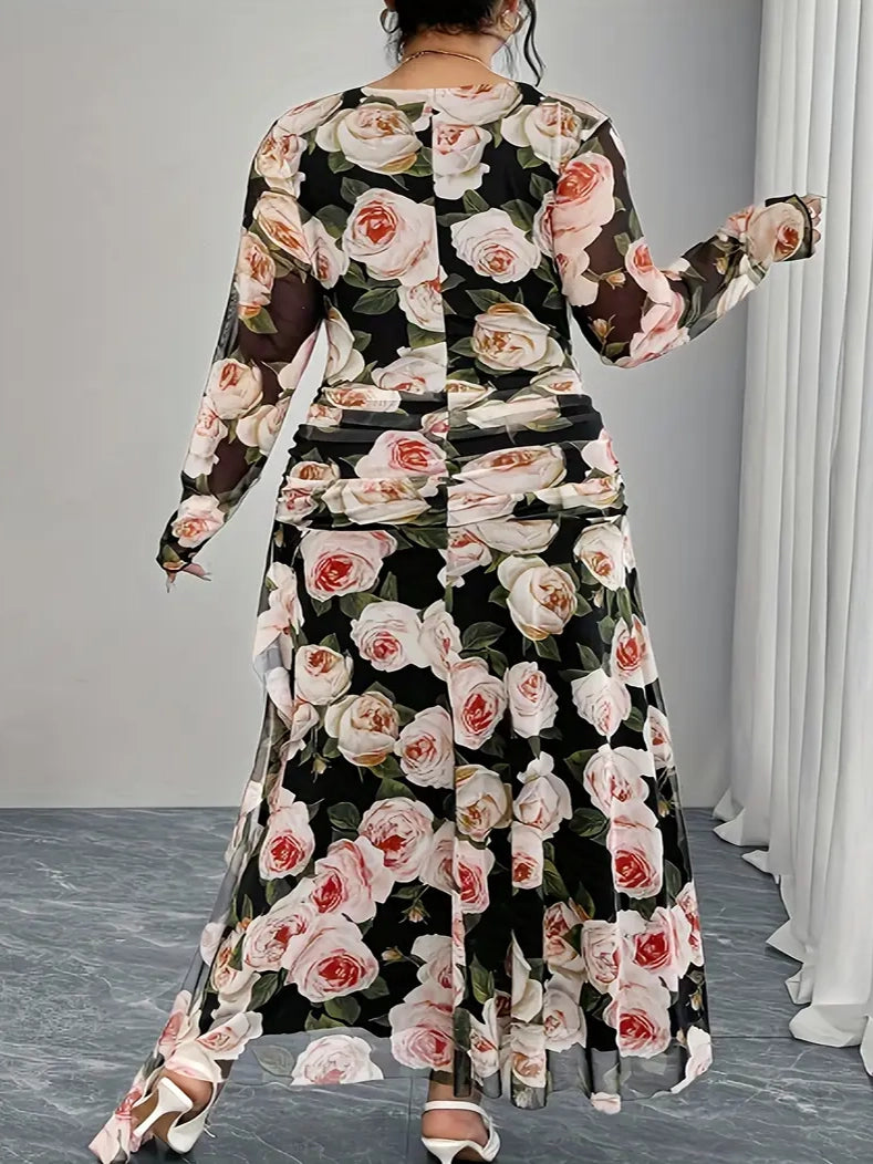 Rose Floral Print Plus Size Cocktail Dress