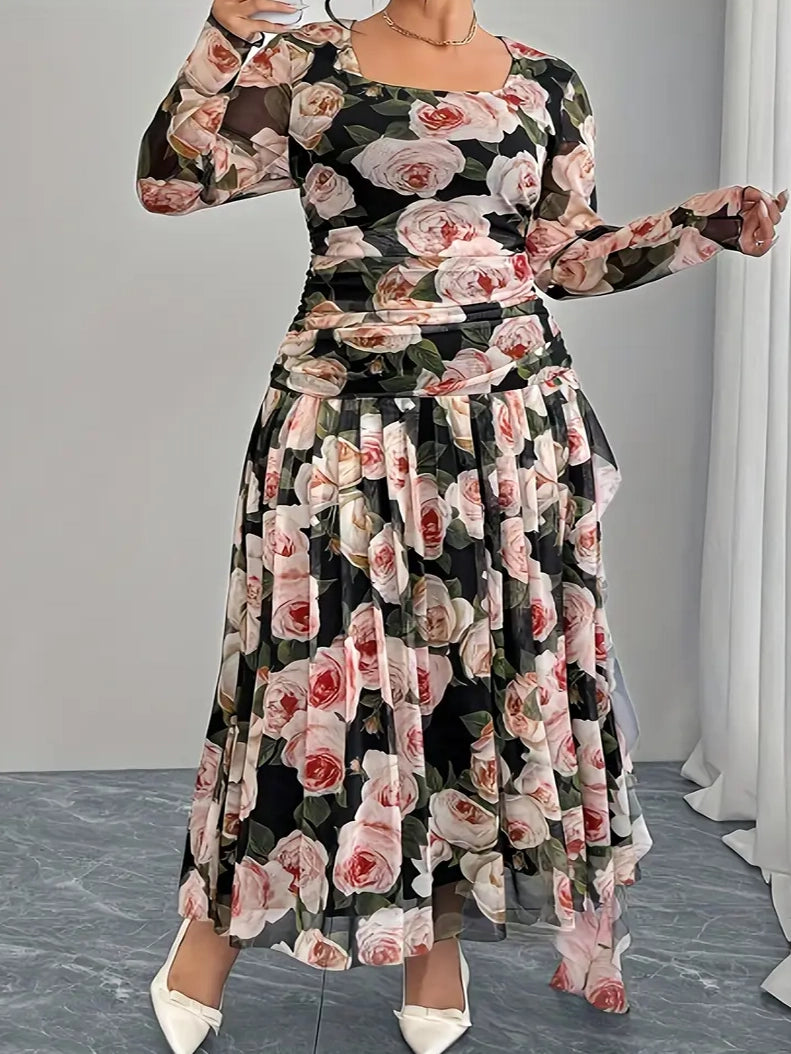 Rose Floral Print Plus Size Cocktail Dress